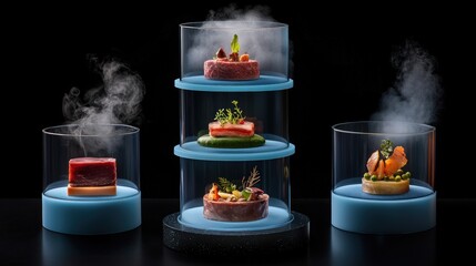 Gourmet food in glass cloche with smoke.