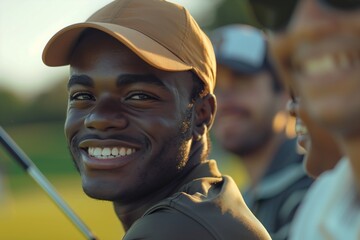A joyful golfer enjoying a sunny day on the course, surrounded by friends and nature.