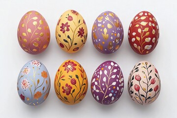 Colorful Easter Eggs with Hand-Painted Floral Patterns on a White Background, AI generated illustration