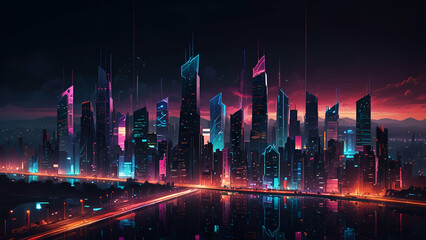 Fototapeta premium Stunning City Skyline at Night Illuminated Towers and Vibrant Lights Creating a Captivating Urban View