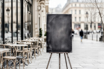 Ardoise sur un chevalet dans la rue devant un restaurant parisien pour annonce ou menu