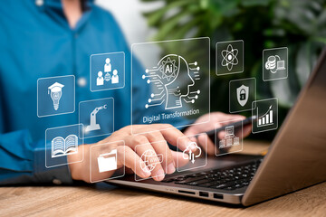 Digital transformation and AI technology strategy concept, Businessman use laptops and Artificial...