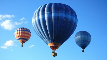 Fototapeta premium Three colorful hot air balloons floating in clear blue sky, summer adventure travel, outdoor festival event, bright sunny day with scattered clouds background