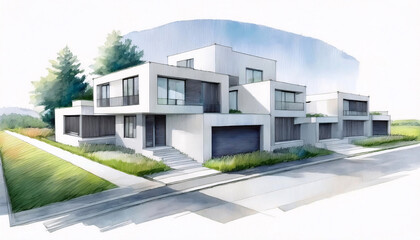 Fototapeta premium A row of modern houses with flat roofs, green roofs, and large windows, set in a lush green landscape