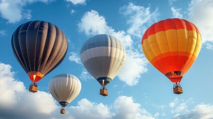 Fototapeta premium Colorful hot air balloons floating in blue sky with white clouds, perfect for travel, adventure, freedom, vacation, outdoor activities, summer fun, aerial view, exploration, and festival background b