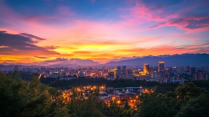 Fototapeta premium Sunset View of City Skyline with Landmark Building, Mountains, and Colorful Sky in Taiwan's Capital, AI generated illustration