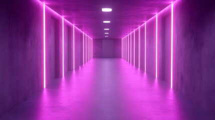 Pink neon lights illuminate a long, narrow corridor.