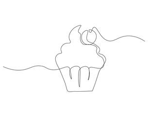 Continuous one line drawing of cup cake. One line drawing illustration of muffin cake. Pastry, bakery concept single line. Editable outline