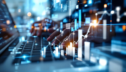 Data Analysis, Hands Typing on Laptop with Graphs, Financial Trading, Stock Market Charts and Keyboard, Business Analytics: Data Visualization and Typing Hands