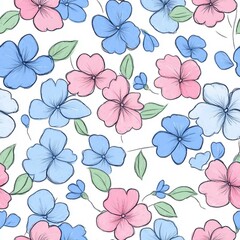 Seamless pattern for your design. Hand-drawn blue and pink cute flowers. Doodle style.