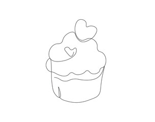 Continuous one line drawing of cup cake. One line drawing illustration of muffin cake. Pastry, bakery concept single line. Editable outline