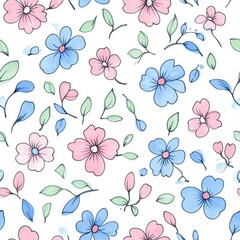 Seamless pattern for your design. Hand-drawn blue and pink cute flowers. Doodle style.