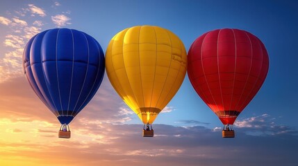 Obraz premium Three colorful hot air balloons blue yellow red flying at sunrise over clouds perfect for travel adventure vacation background sky horizon scenic landscape bright vivid colors warm light