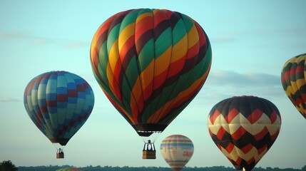 Fototapeta premium Colorful hot air balloons floating gently above green fields at sunrise, perfect for travel, adventure, festival themes, outdoor activities, clear blue sky, serene atmosphere, summer vacation inspira