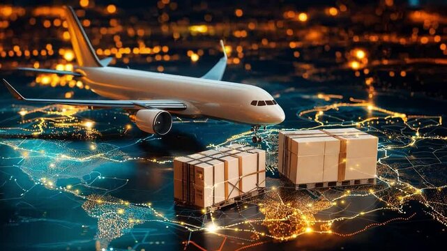A cargo airplane preparing for departure amidst a backdrop of digital map with city lights, showcasing logistics and transportation in action