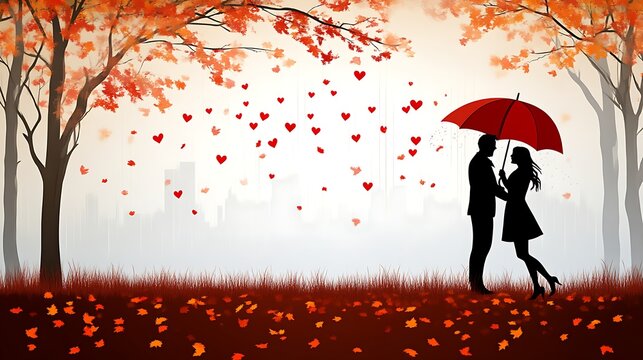 Couple under red umbrella, autumn leaves, hearts.