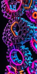 Vibrant neon gears intertwined in an abstract technological design, glowing with bright colors.