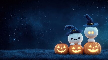 Two cute, whimsical characters with witch hats sit atop carved pumpkins against a starry night sky, embodying a playful Halloween spirit.