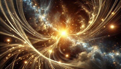 Galaktisches Weihnachtskonzept: Illustration golden strahlender Lichtströme der Himmelkörper