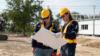 A Caucasian white civil engineer, architect, or construction worker is wearing a safety suit while inspecting building construction on site and verifying blueprints or drawing plans.