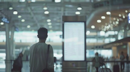 Man standing at airport terminal, gazing at large digital screen showing immigration policies,amidst bustling crowd and luggage,highlighting importance of travel regulations and border control info