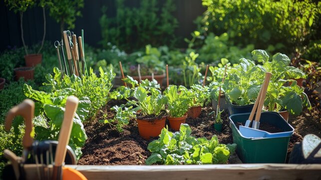 A vibrant gardening plot in a community garden, Gardening tools and plants systematically organized, Urban green thumb style