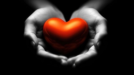 A pair of human hands gently cradling a vibrant red heart symbol