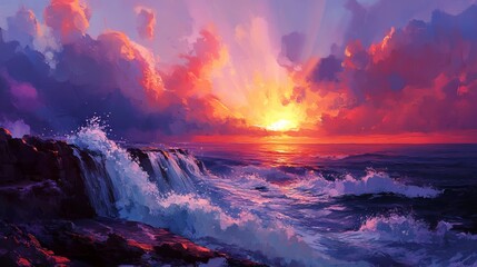 Fototapeta premium Sunset Over the Sea: Splashes of Water on Rocks with Sunlight Rays and Dramatic Clouds. AI generated illustration