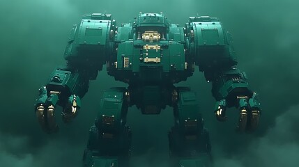 Fototapeta premium Imposing green robot, dark background.
