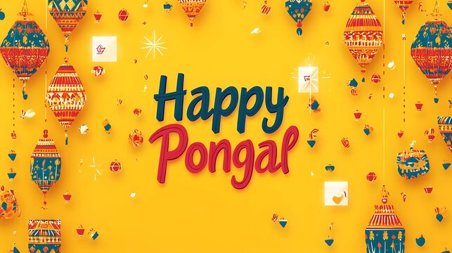 Traditional pongal festival design with colorful festive decor and vibrant text on a bright yellow background