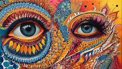The painting features two large, expressive eyes as its central focus. The artwork invites contemplation on themes such as perception, the complexities of the human mind, and the energy of life.