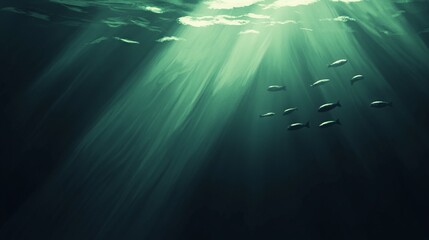 Fototapeta premium Minimalist Underwater Scene: Swarm of Fish Swimming in the Ocean with Sunlight Filtering Through. AI generated illustration