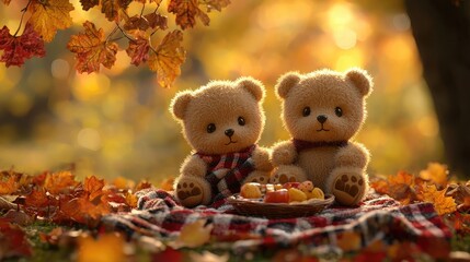 Two cute teddy bears enjoy a cozy picnic among colorful autumn leaves, creating a warm and inviting autumnal scene.