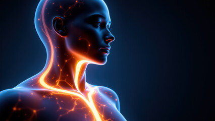 Obraz premium Vagus Nerve Stimulation - Illustration of human body with highlighted neural pathway, visualizing medical device implantation for epilepsy or depression treatment.