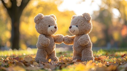 Two adorable teddy bears hold hands in a serene autumn setting, surrounded by colorful leaves, symbolizing friendship and warmth.