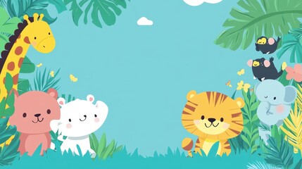 Naklejka premium A colorful illustration of cute cartoon animals in a jungle setting.