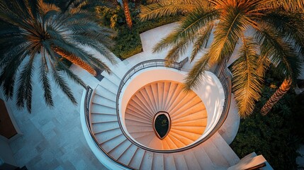 Luxurious Spiral Staircase in Miami: Palm Trees and Warm Colors from a High-Angle View. AI generated illustration