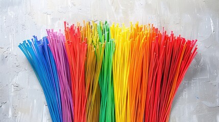 Colorful rainbow-colored sticks arranged in a fan shape on a gray background.