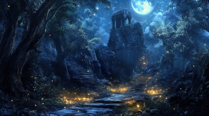 Mystical night adventure enchanted forest fantasy illustration serene landscape dreamlike viewpoint imagination unleashed