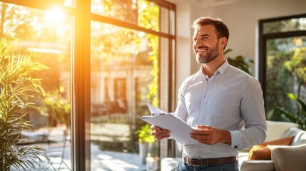 A middle-aged male real estate agent standing in a stylish apartment, holding a folder and smiling