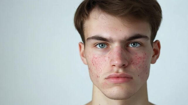 A young man with acne and pimples on face confidently gazes at the camera, seeking skincare solution for his problem over white studio background
