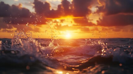 Fototapeta premium Sunset Over the Sea: Splashes of Water on Rocks with Sunlight Rays and Dramatic Clouds. AI generated illustration