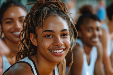 Fototapeta premium A joyful young woman with dreadlocks smiling brightly, surrounded by friends in a vibrant sports setting.