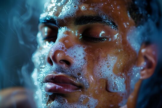 A man enjoying a relaxing bubble bath, surrounded by soothing bubbles, promoting self-care and tranquility.