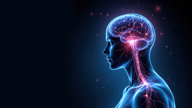 A stylized illustration showing a human head with highlighted Vagus Nerve Stimulation (VNS) activity in the brain and neck region.