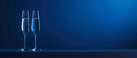 Two champagne flutes filled with sparkling wine sit on a dark blue surface against a matching backdrop.  A sophisticated and elegant image.