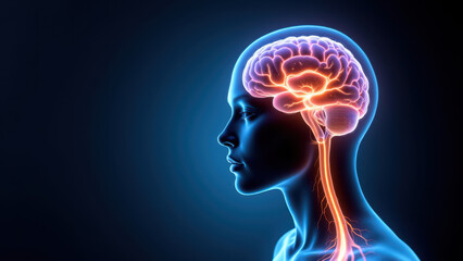 Obraz premium Image illustrates the concept of Vagus Nerve Stimulation for medical purposes, showing a human head with highlighted brain activity and nerve pathways.