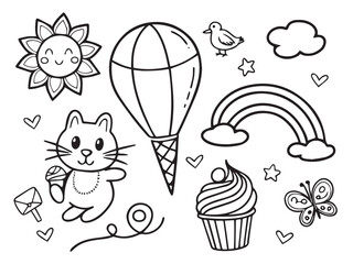 Naklejka premium Cute element doodle cartoon hand drawn black line icon set , coloring book for kids