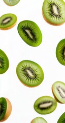 Fototapeta premium Falling Kiwi Fruit Cut in Half, Isolated on White Background. PNG File with Transparent Layers for Each Kiwi. Detailed Green Kiwifruit Cutout.