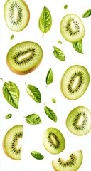 Fototapeta premium Falling Kiwi Fruit Cut in Half, Isolated on White Background. PNG File with Transparent Layers for Each Kiwi. Detailed Green Kiwifruit Cutout.